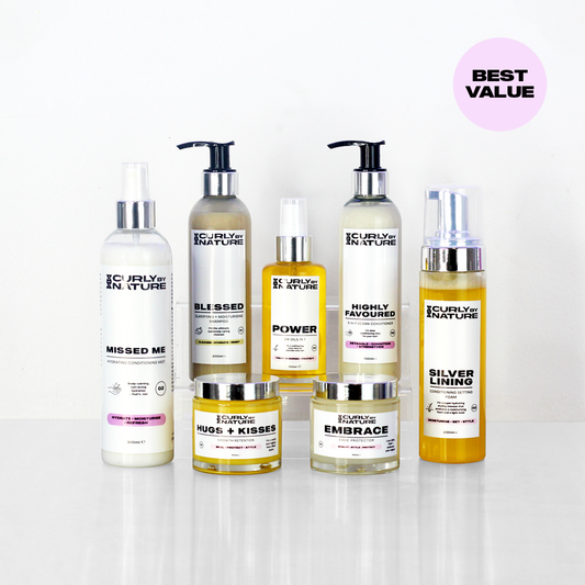 A set of six hair care products, including shampoo, conditioner, and moisturizer, with pump dispensers. The labels indicate various product uses such as cleansing, conditioning, hydration, and shine enhancement.